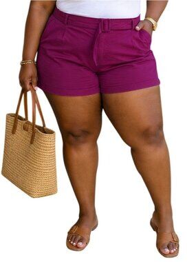 Lane Bryant Plus Size 28 Belted Shorts Bold Plum Cotton Blend Flattering Fit